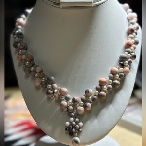 Hand crafted Necklace Pink Zebra Jasper Pearls and Labradorite stones 17 inches